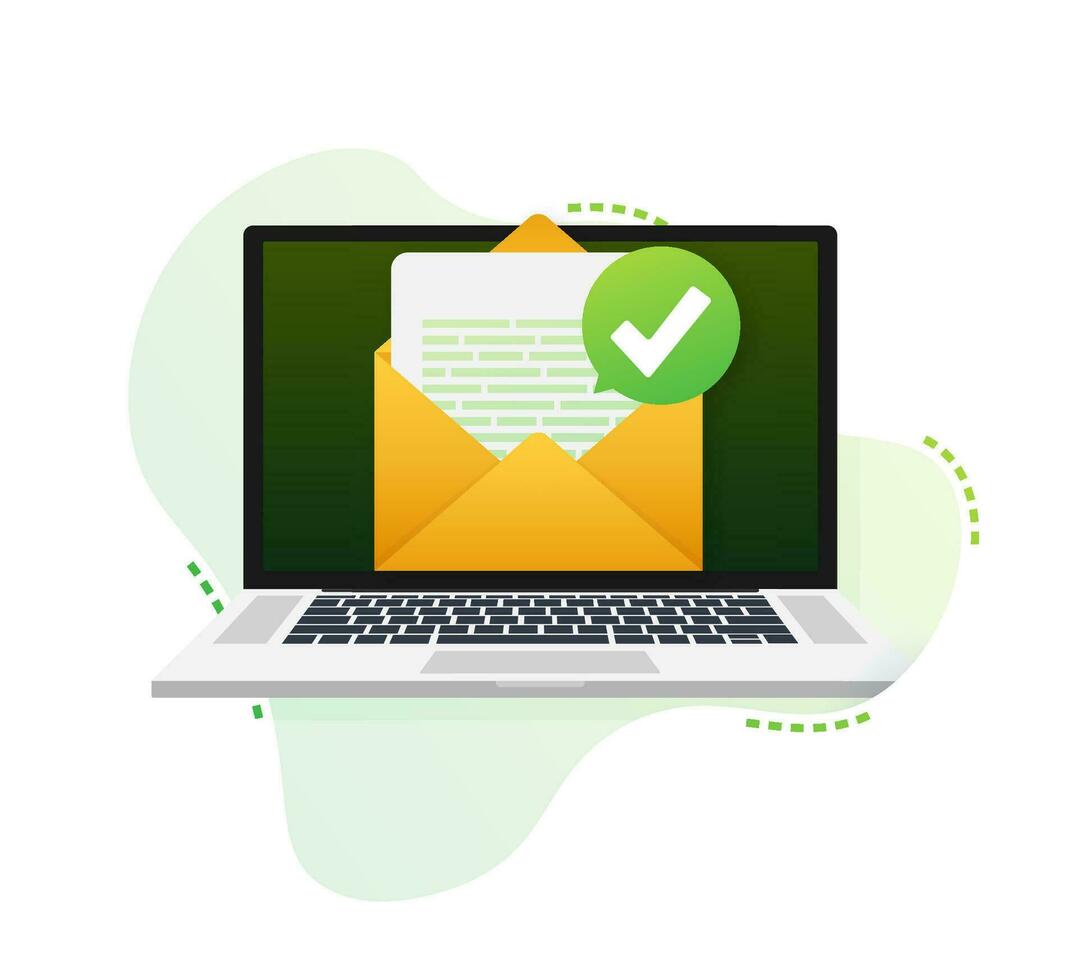 öppnad kuvert och dokumentera med grön kolla upp märke. verifiering e-post. vektor illustration