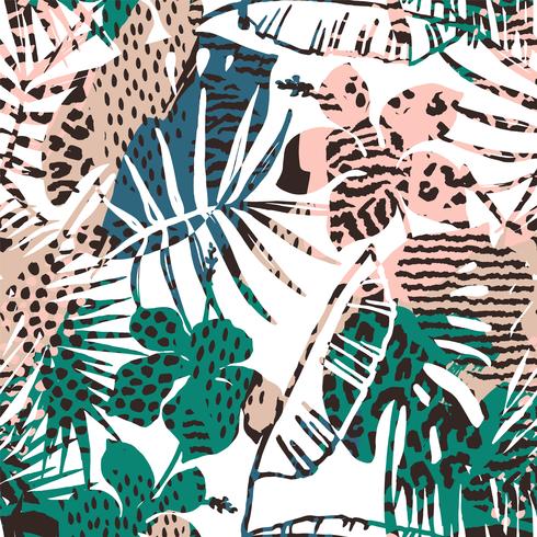 Trendigt sömlöst exotiskt mönster med palm, djurtryck och handritade texturer. vektor