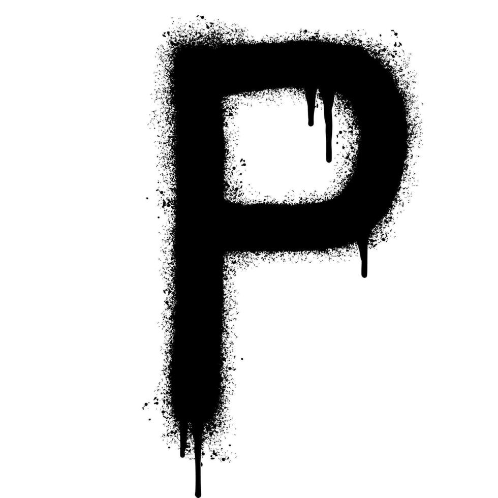 spray målad graffiti font p sprutas isolerat med en vit bakgrund. graffiti font p med över spray i svart över vit. vektor illustration.