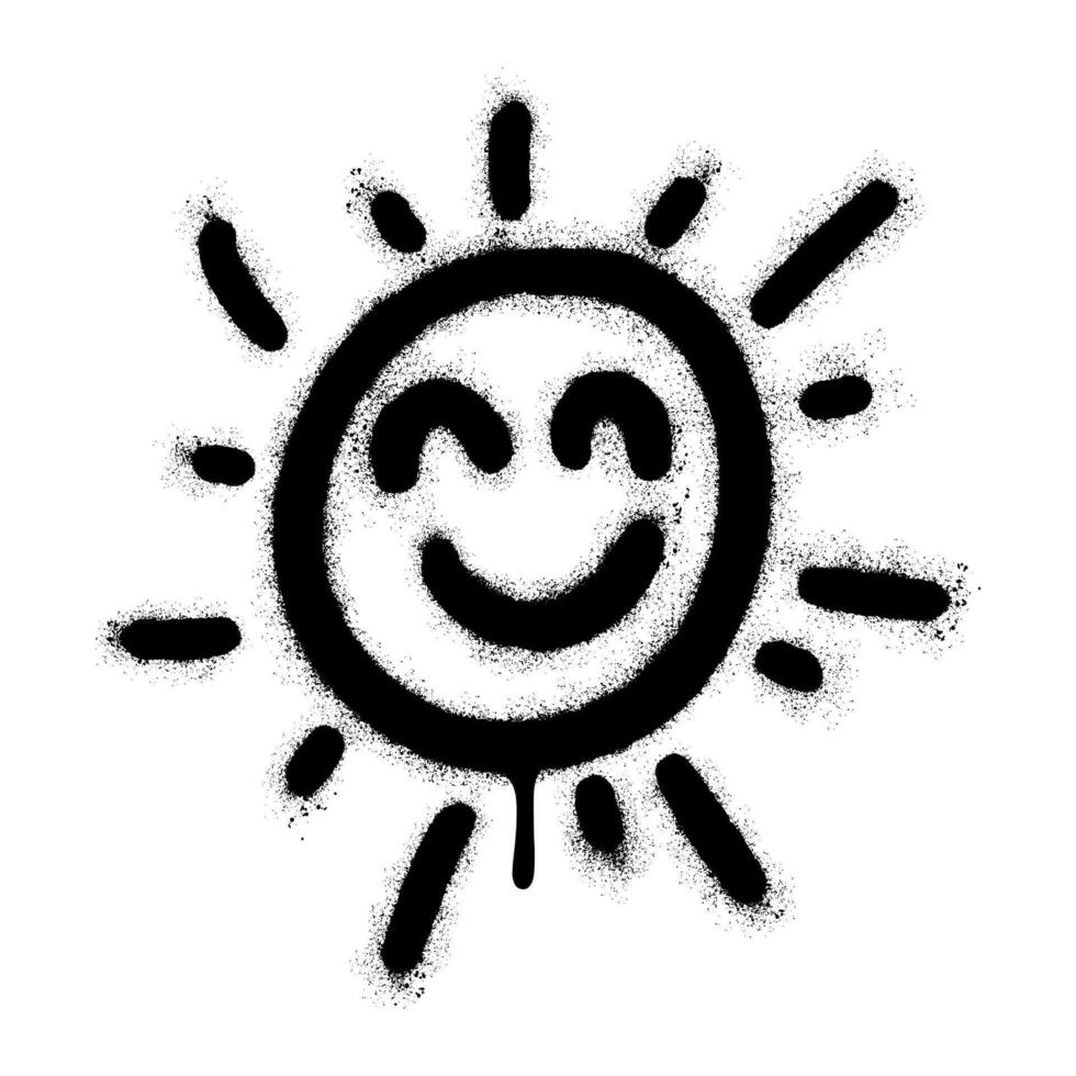 spray målad graffiti solsken ikon sprutas isolerat med en vit bakgrund. graffiti Sol sommar väder symbol med över spray i svart över vit. vektor