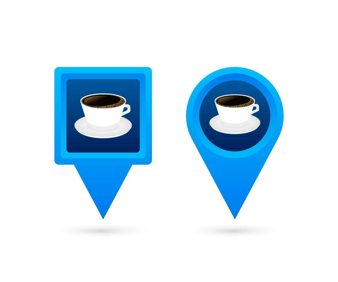 Karte Zeiger mit Kaffee. Stift Punkt Cafe. Vektor Lager Illustration