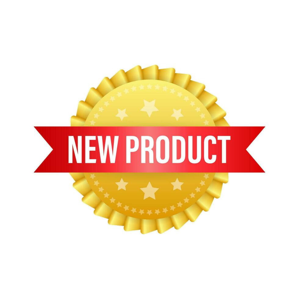 Neu Produkt auf Gold Etikett. Produkt Förderung, Verkauf. Banner Verkauf. Vektor Lager Illustration