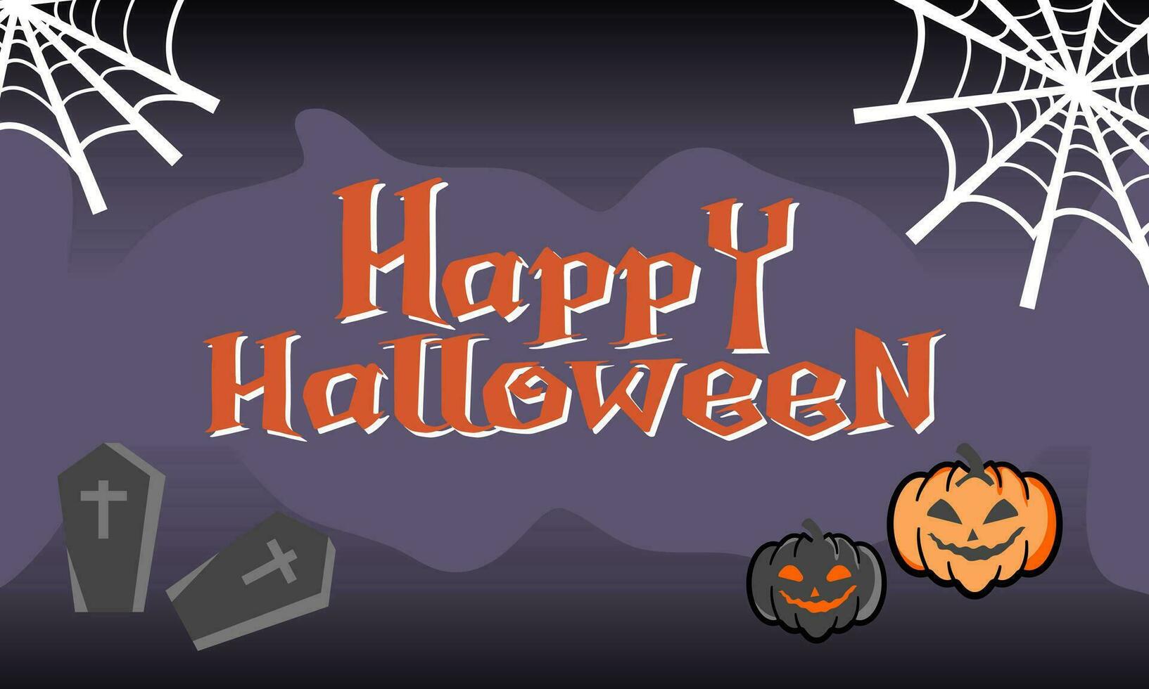 Lycklig halloween baner eller fest inbjudan bakgrund med moln, fladdermöss och pumpor i papper skära stil. vektor illustration. full måne i orange himmel, Spindel webb