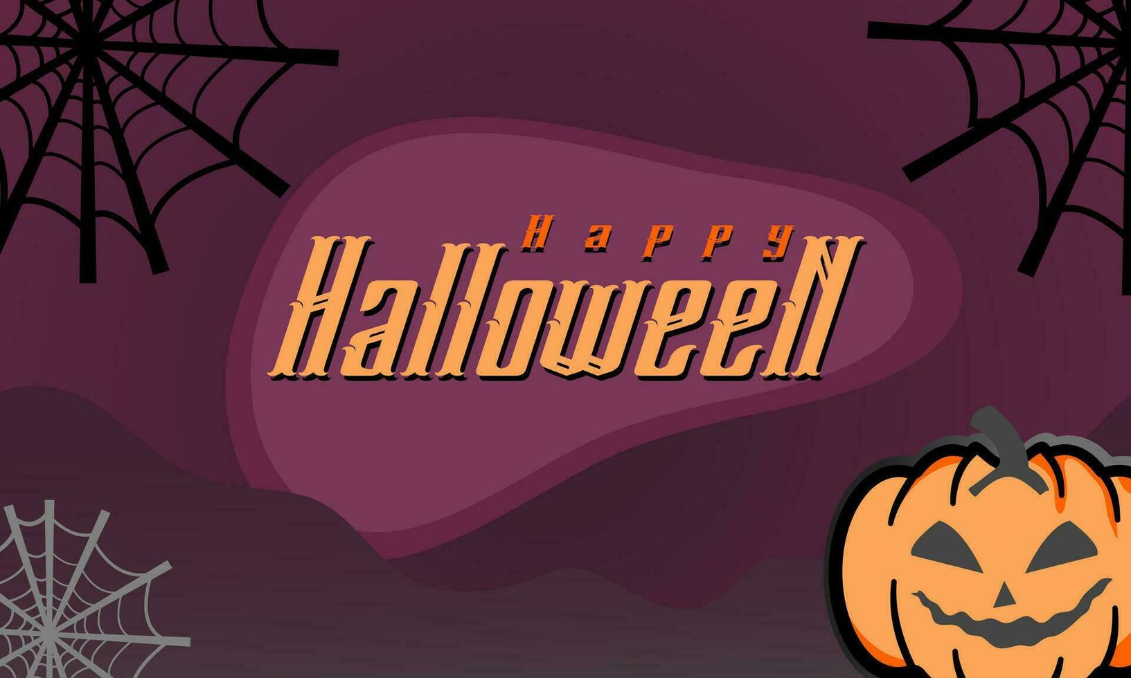 Lycklig halloween baner eller fest inbjudan bakgrund med moln, fladdermöss och pumpor i papper skära stil. vektor illustration. full måne i orange himmel, Spindel webb