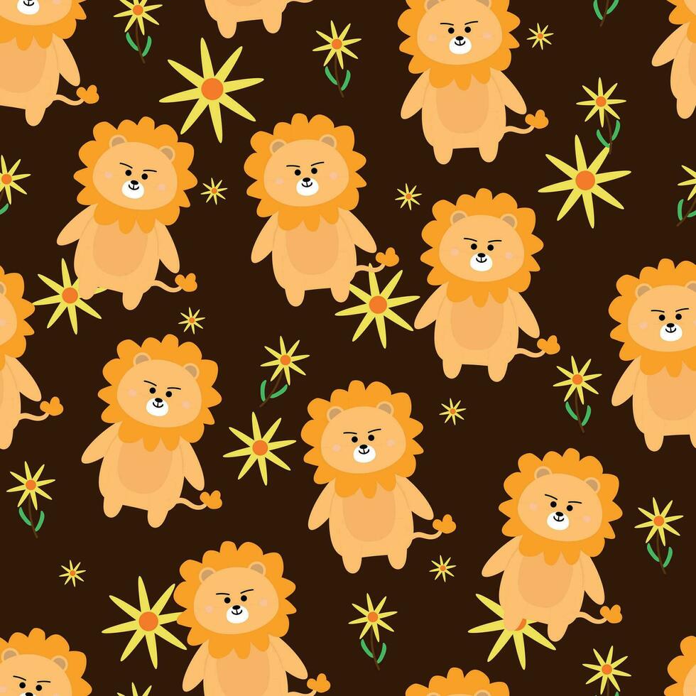 nahtlos Muster von Gelb Löwen und Blumen auf ein braun Hintergrund zum Stoff Drucke, Textilien, Geschenk Verpackung Papier. bunt Vektor zum Kinder, eben Stil