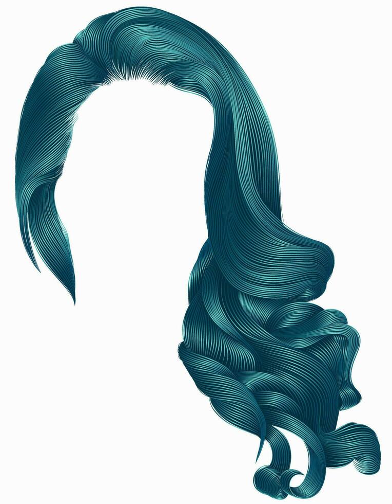 kvinna trendig lång lockigt hårstrån peruk blå färger .retro stil . skönhet mode . realistisk 3d . vektor