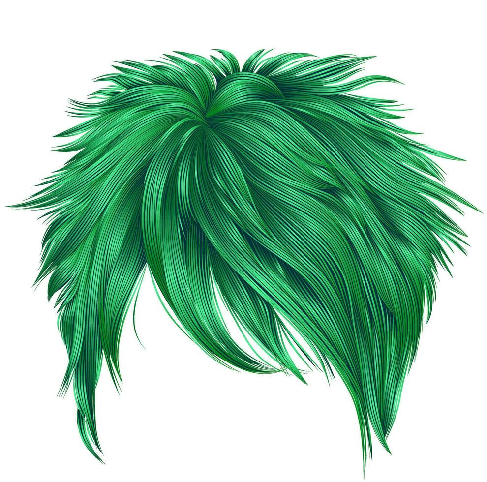 trendig kvinna kort hårstrån grön färger . frans . mode skönhet stil . realistisk 3d . vektor