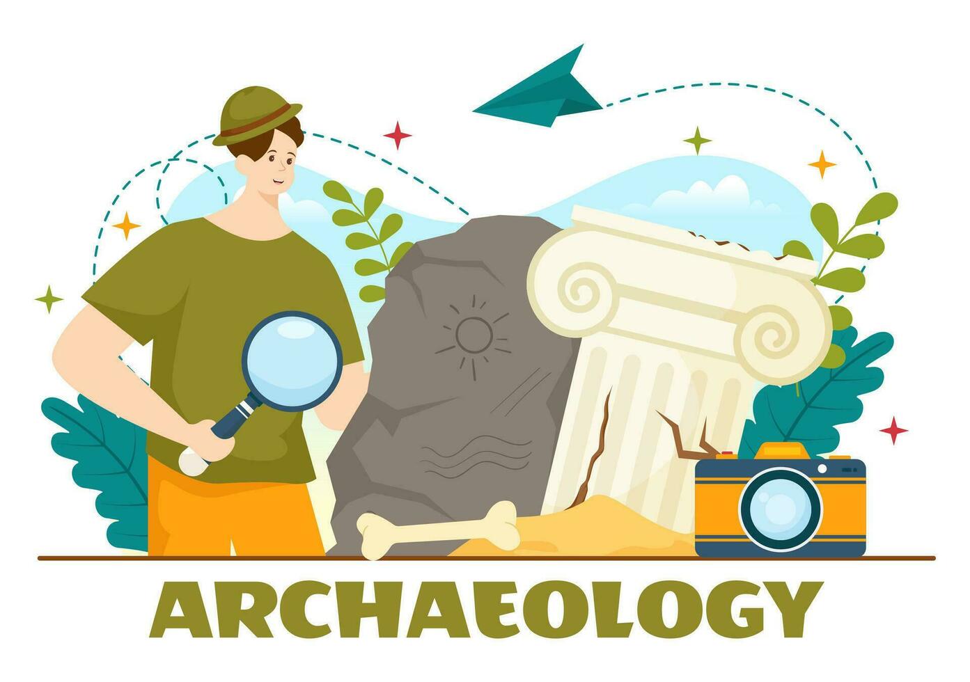 arkeologi vektor illustration med arkeologisk utgrävning av gammal ruiner, artefakter och dinosaurier fossil i platt tecknad serie hand dragen mallar