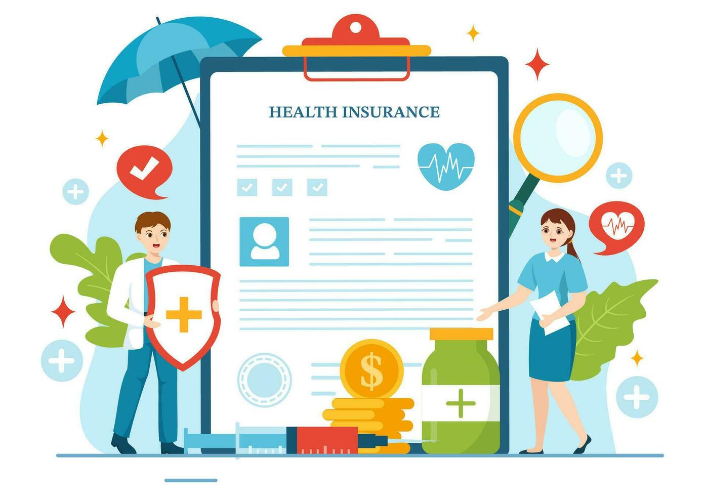 hälsa försäkring vektor illustration med medicinsk dokumentera form för sjukvård skydd service i platt tecknad serie hand dragen bakgrund mallar