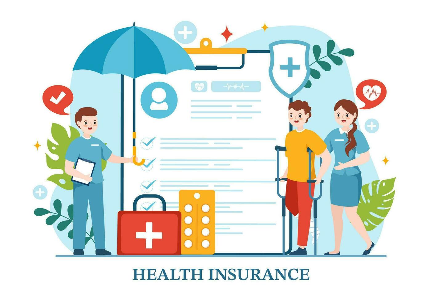 Gesundheit Versicherung Vektor Illustration mit medizinisch dokumentieren bilden zum Gesundheitswesen Schutz Bedienung im eben Karikatur Hand gezeichnet Hintergrund Vorlagen