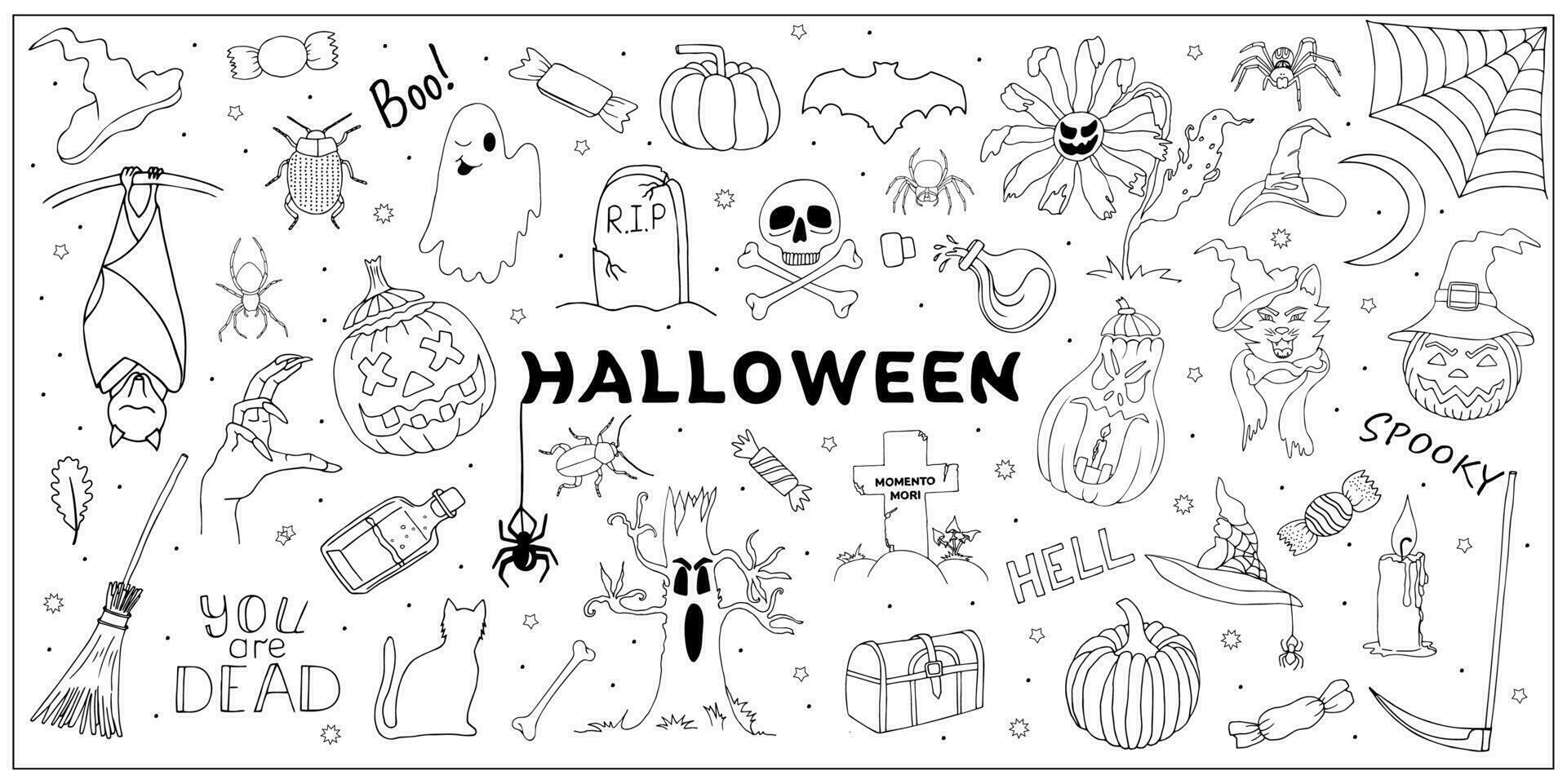 Lycklig halloween. uppsättning av Skräck hand dragen klotter. pumpor, spöke, skalle, kyrkogård, svart katt, förgifta flaskor, hatt, dröm fångare, måne, kvast halloween klotter för färg vektor