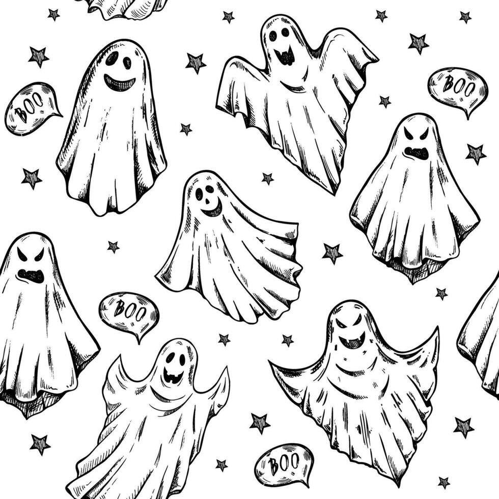 nahtlos Muster von handgemalt Geister. unheimlich Weiß Geister. glücklich Halloween. süß Jahrgang gespenstisch Figuren. Vektor Illustration zum Poster, Dekoration und drucken.