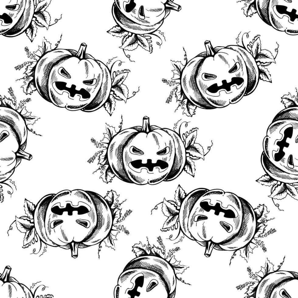 halloween illustration. sömlös mönster av ritad för hand skrämmande pumpa. årgång skiss element för etiketter, förpackning och kort design. vektor