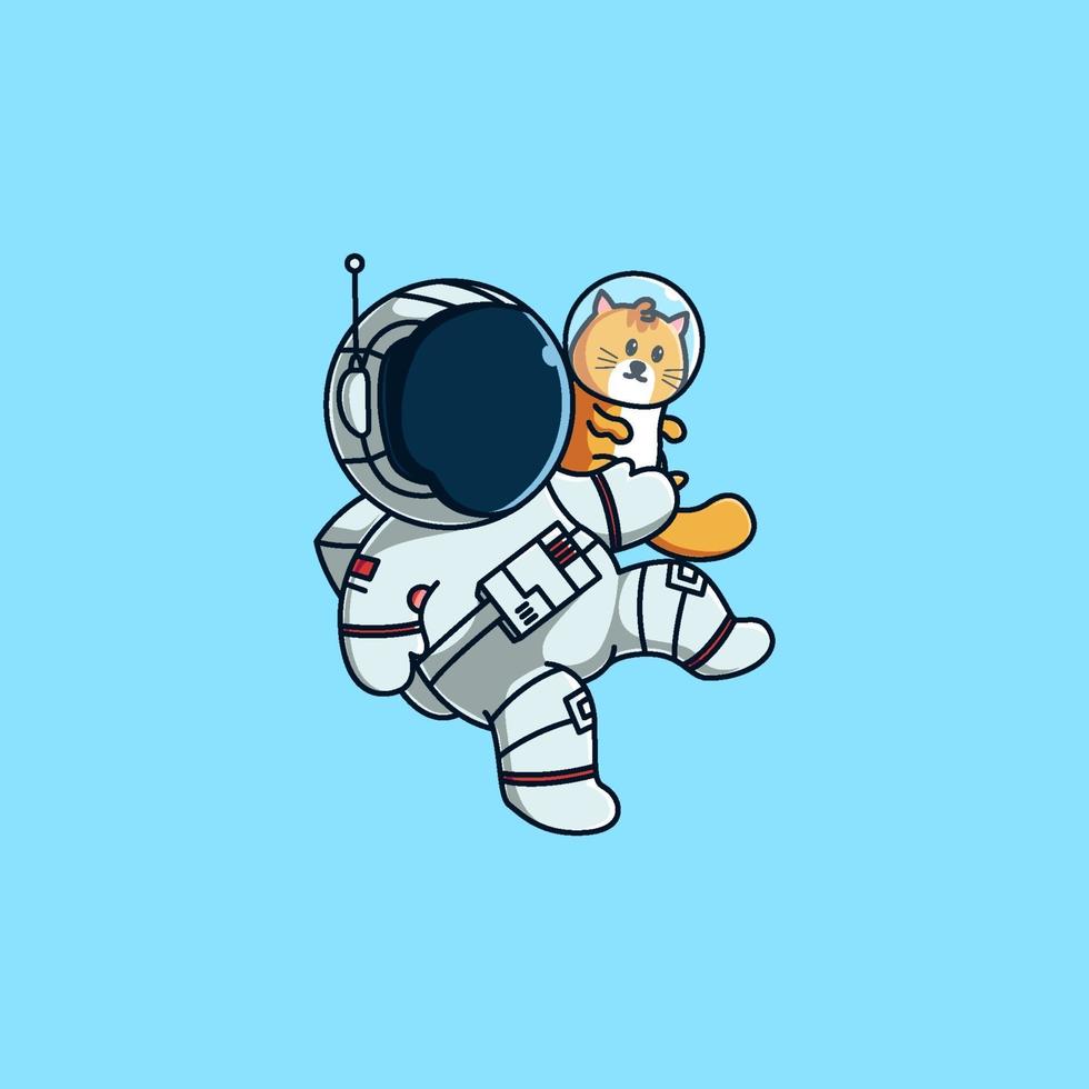 söt katt och astronautfluga. söt maskot tecknad vektorillustration. vektor