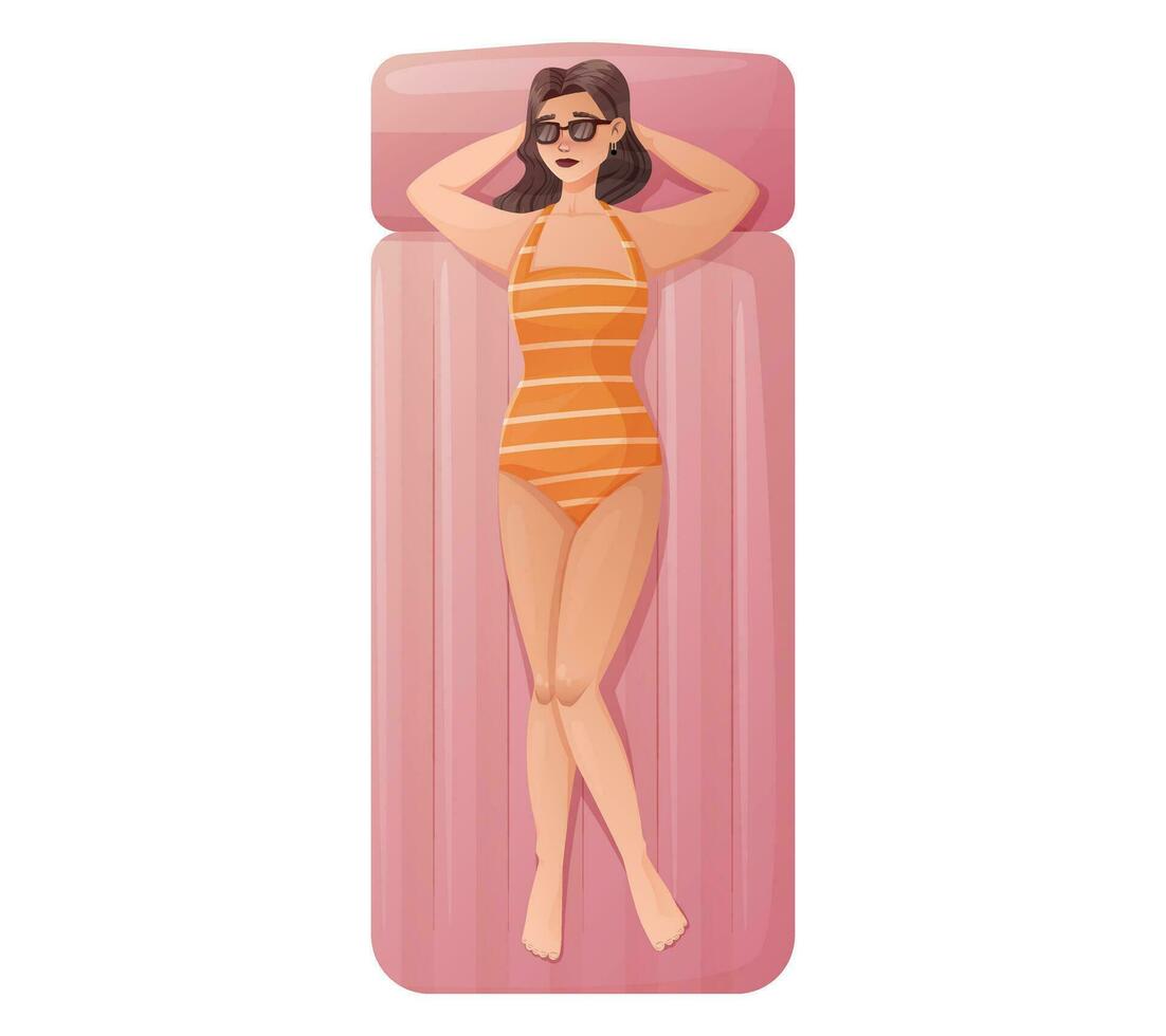 en tecknad serie ung kvinna liggande i en baddräkt på ett luft madrass bär solglasögon. sommar hav Semester begrepp vektor
