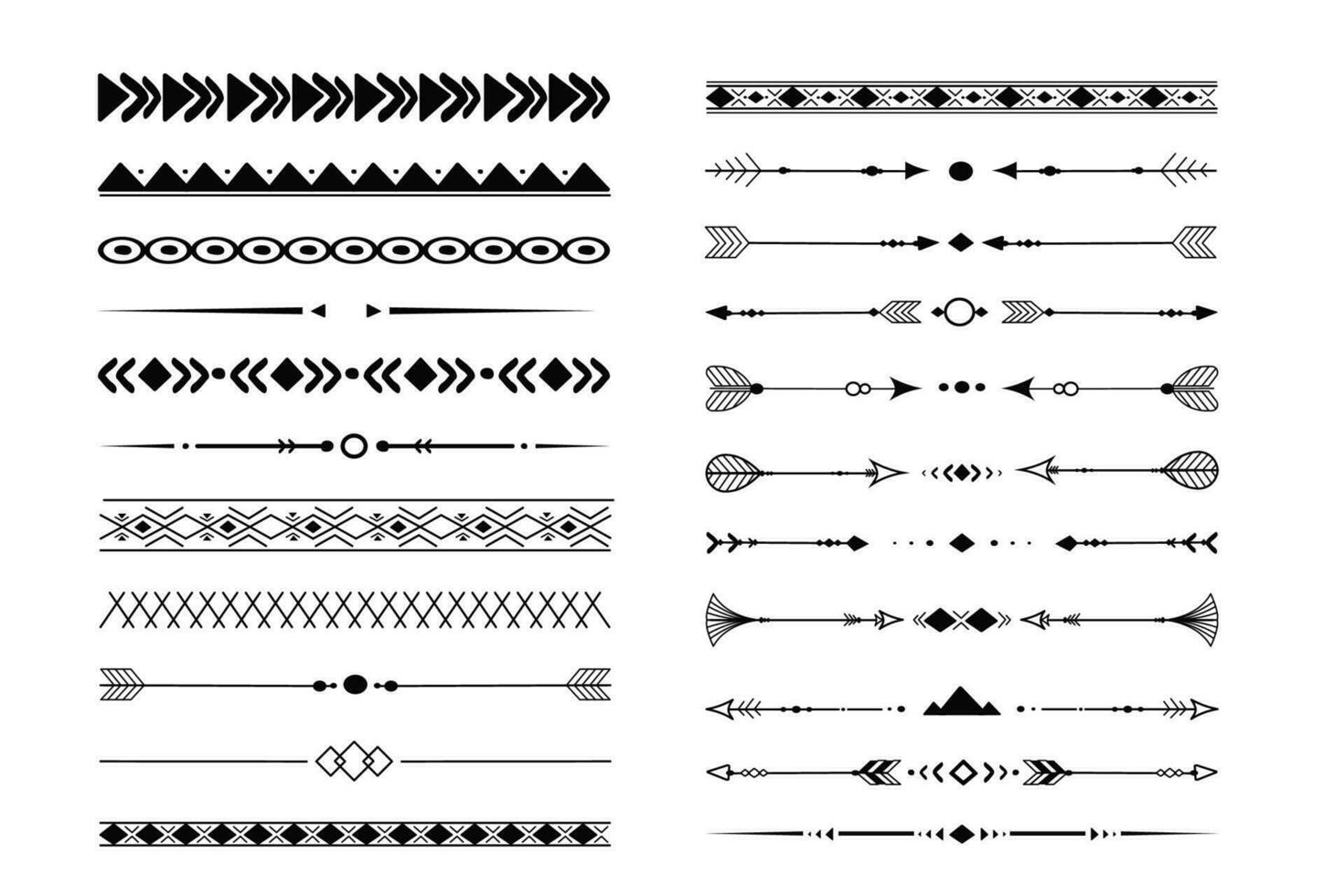 einstellen Stammes- ethnisch Pfeil Teiler, einheimisch indisch Bogen Boho im Gekritzel Stil isoliert auf Weiß Hintergrund. Sammlung Grenzen, Dekoration Elemente. Vektor Illustration