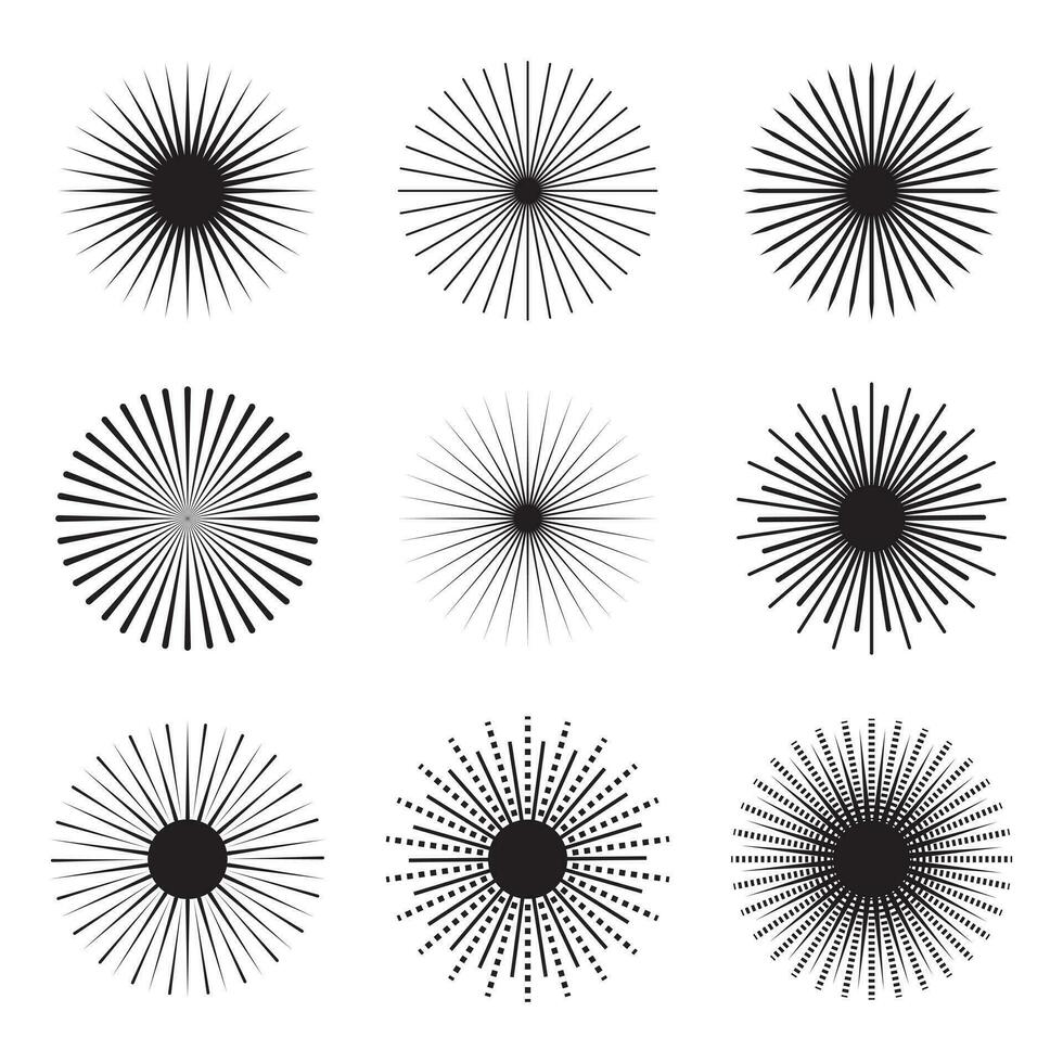 Sammlung von einfarbig Sonnenlicht Symbol. radial Linien Kreis Symbol vektor