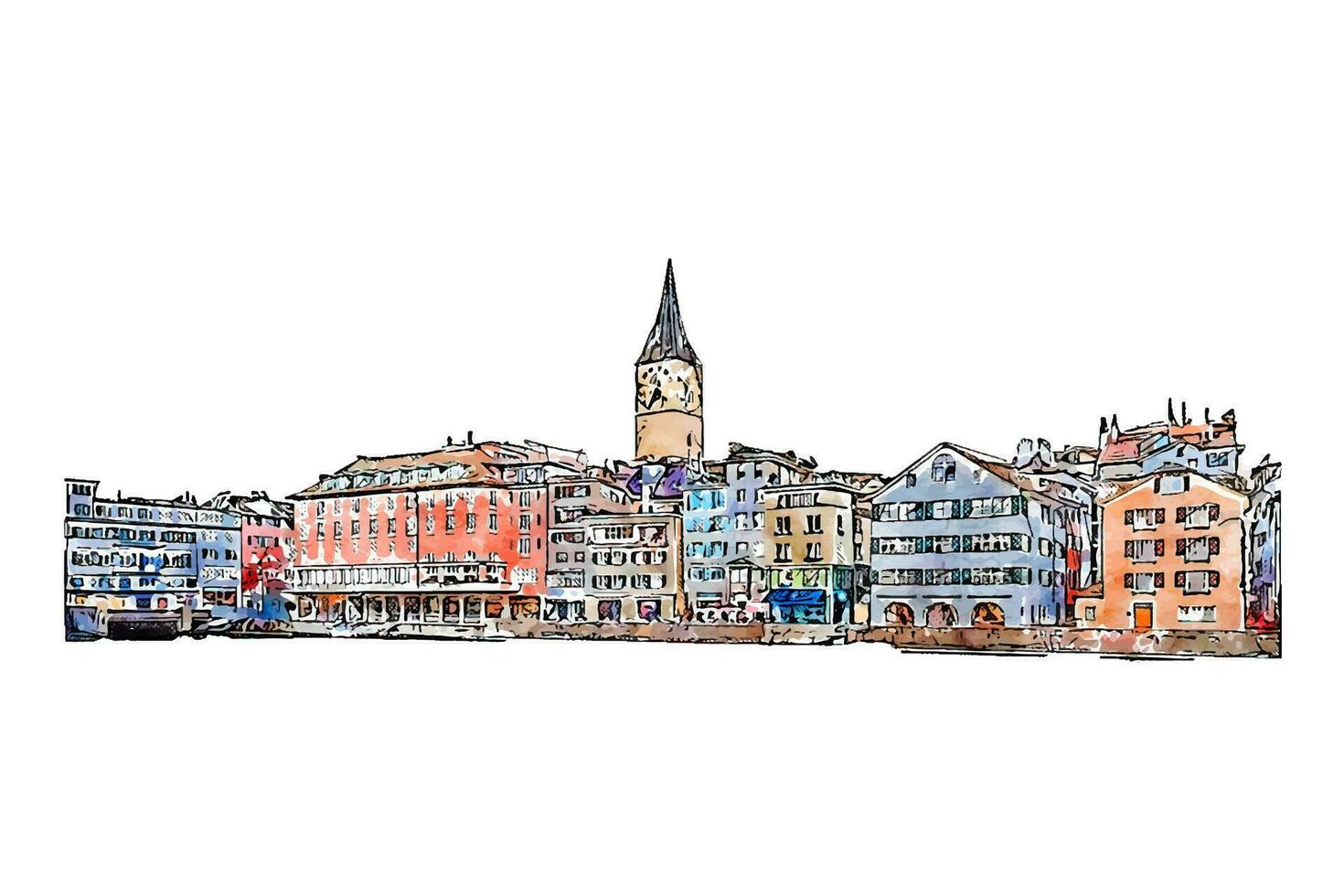 zurich schweiz vattenfärg hand dragen illustration isolerat på vit bakgrund vektor