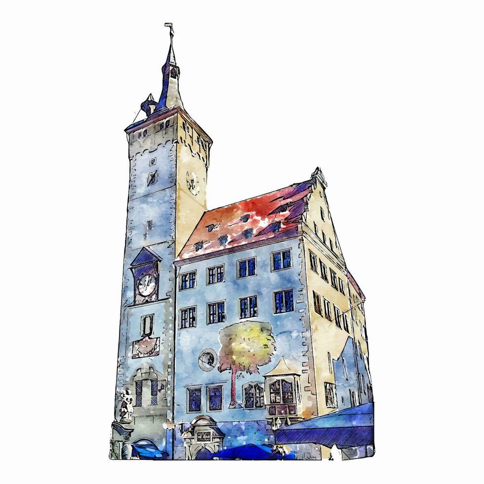 rathaus wurzburg Bayern Aquarell Hand gezeichnet Illustration isoliert auf Weiß Hintergrund vektor