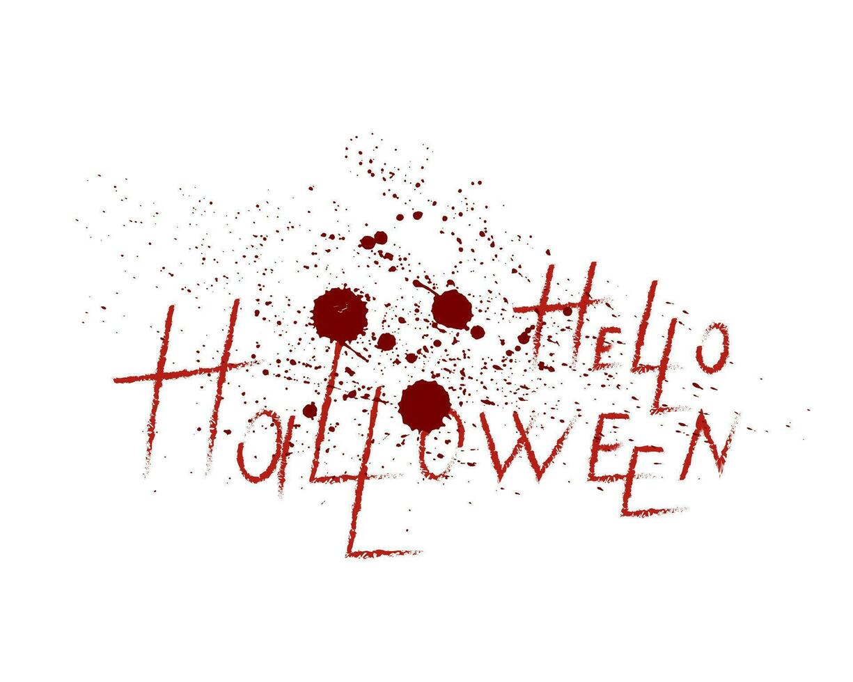 Hej halloween fruktansvärd hand dragen text. fruktansvärd äcklig inskrift halloween med röd vattenfärg blod droppar stänka ner. vektor