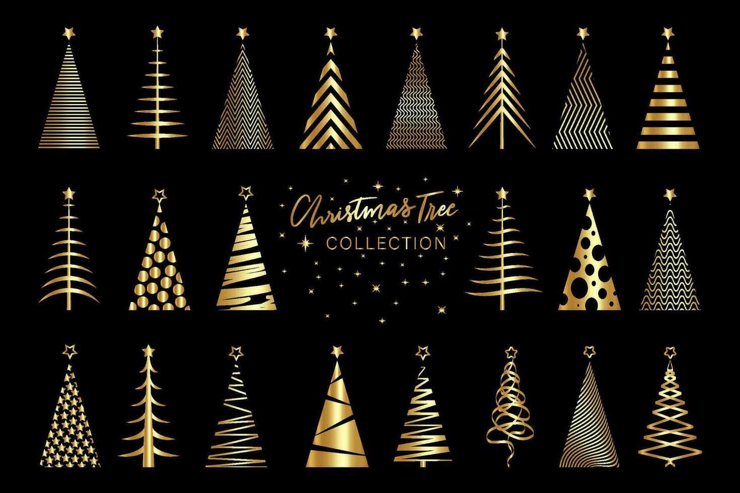 einstellen Clip Art Weihnachten Baum Gold Textur, golden Luxus Symbole, Gold Vektor stilisiert fröhlich Weihnachten, festlich thematisch Winter Urlaub Einladungen mit geometrisch Dekorationen, isoliert auf schwarz Hintergrund