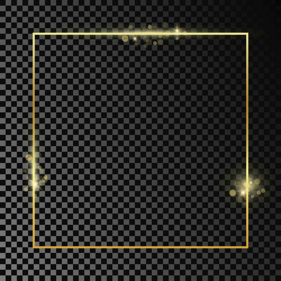 Gold glühend Platz Rahmen isoliert auf dunkel Hintergrund. glänzend Rahmen mit glühend Auswirkungen. Vektor Illustration.