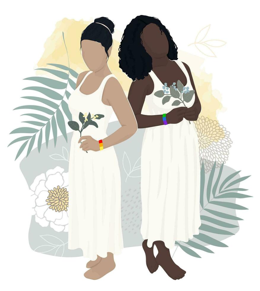 2 Frauen von anders ethnisch Gruppen erhalten verheiratet auf das Strand gegen das Hintergrund von Palme Bäume und Blumen. Unterstützung zum Fröhlich Ehe und lgbt Gemeinschaften. Vektor modern eben Illustration.