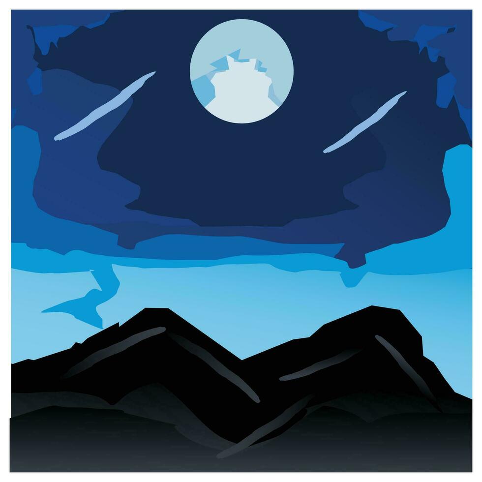 Nacht Landschaft mit Berge und das Mond im das Himmel. Vektor Illustration. klar Blau Himmel ist ein wunderschön Landschaft Hintergrund. Vektor Illustration.