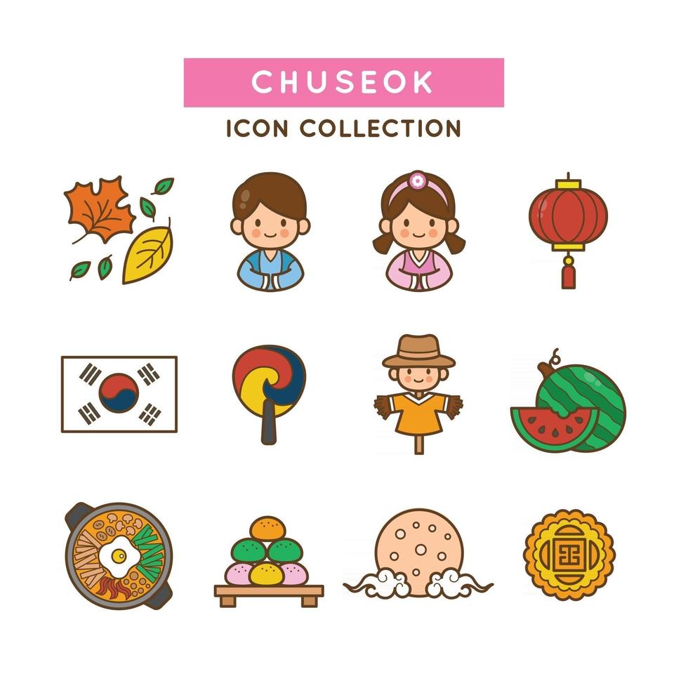 traditionelle kleidung und essen chuseok festival ikonen vektor