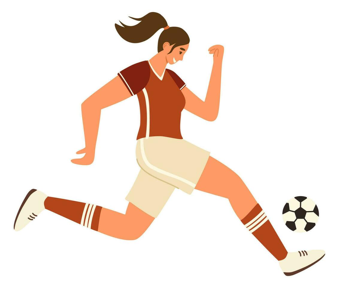 kvinna fotboll spelare. ung kvinna i sporter enhetlig spelar fotboll. kvinna idrottare sparkar de boll. vektor illustration isolerat på de vit bakgrund.