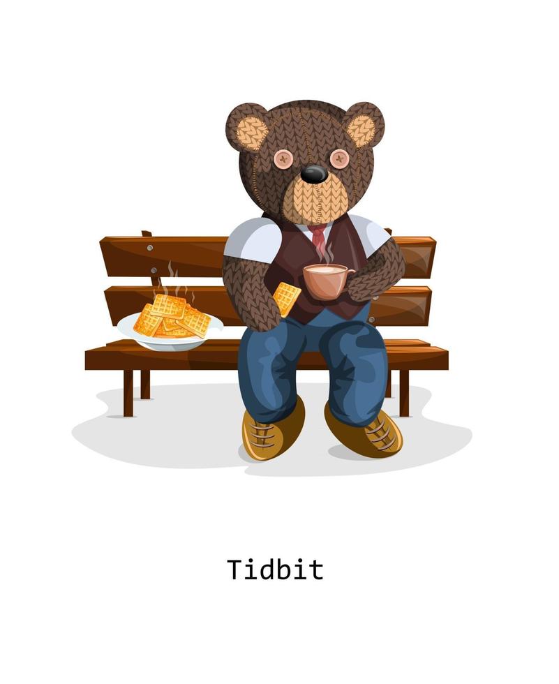 Vektorbild eines Spielzeugbären, der mit einer Tasse und einem Leckerli sitzt vektor