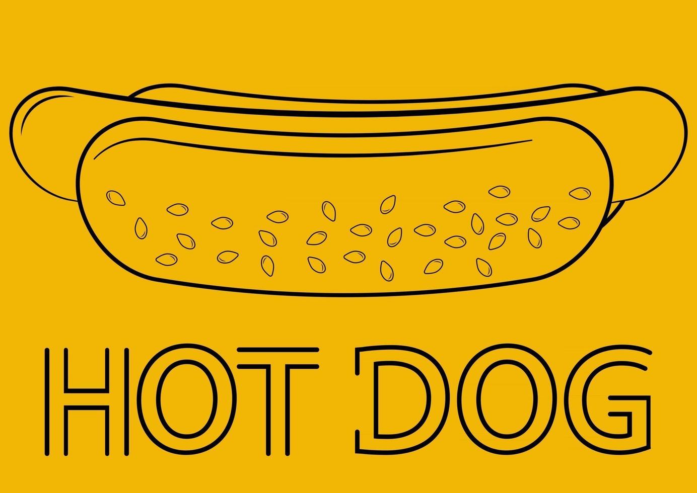 Hotdog. Hot Dog im Umriss-Stil, in gelbem Hintergrund isoliert. Fast Food für Poster, Menüs, Broschüren, Schilder, Vitrinen, Web- und Icon-Fast Food vektor