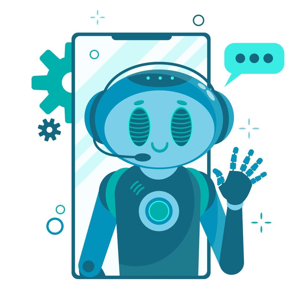Lächelnder Chat-Bot-Charakterroboter, der bei der Lösung eines Problems hilft. vektor