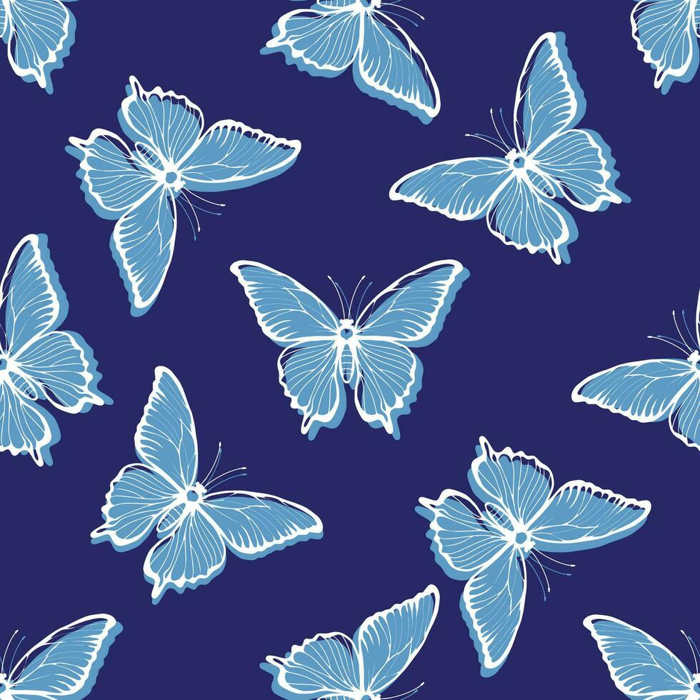 golden Blau Schmetterlinge auf ein grau Hintergrund. nahtlos Muster von Motten. vektor