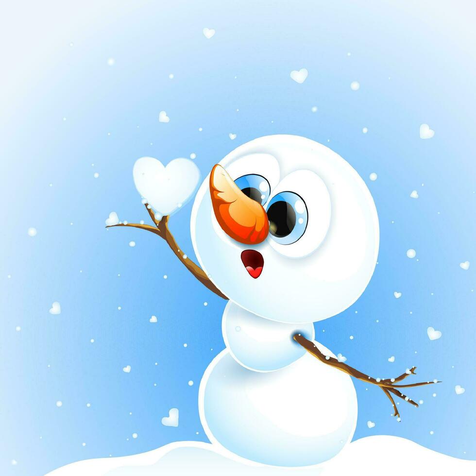 söt i kärlek överraskad snögubbe med snö hjärta på de Uppfostrad hand under de vinter- snöfall från hjärtan vektor