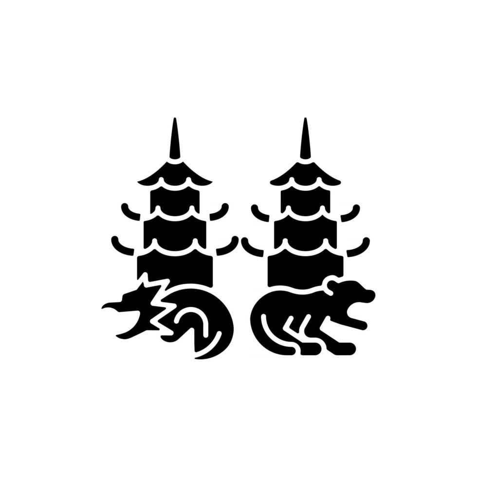 Drachen- und Tigerpagoden schwarzes Glyphensymbol. vektor