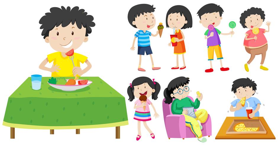Barn som äter hälsosam och ohälsosam mat vektor