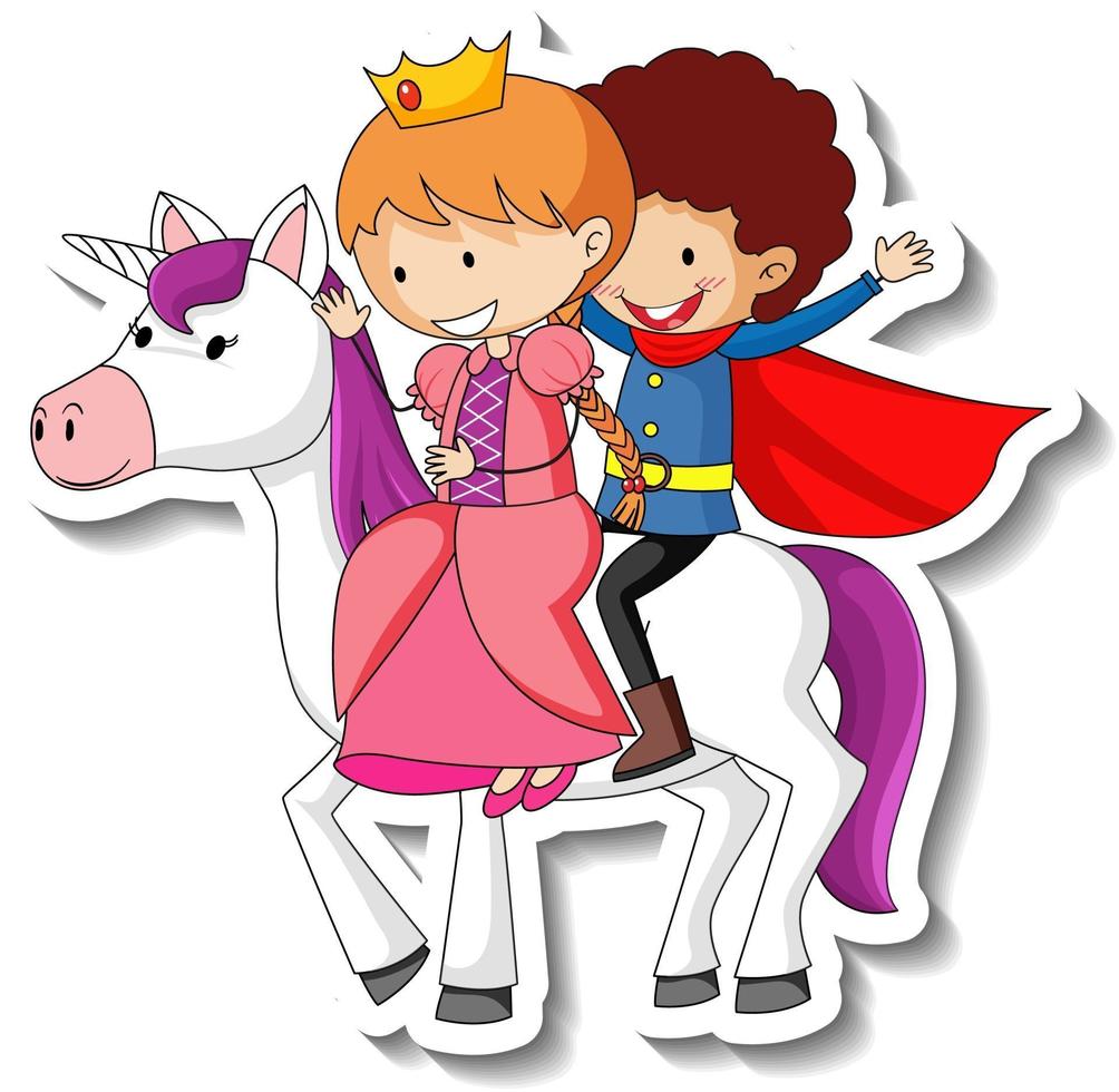 süße Sticker mit einer kleinen Prinzessin und einem Prinzen, der Einhorn-Cartoon reitet vektor