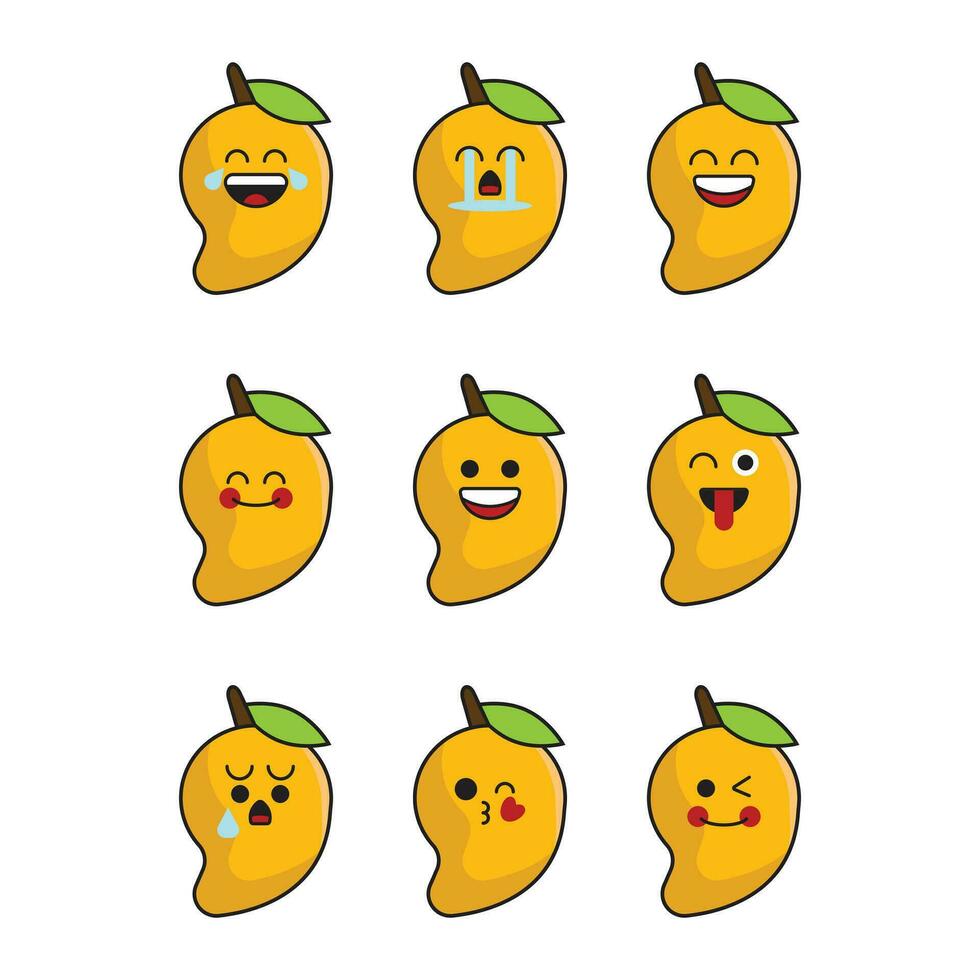 vektor uppsättning av frukt uttryckssymboler. söt mango emoji med ansikte.