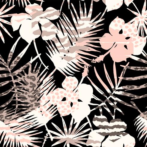 Abstrakt sömlöst mönster med djurtryck, tropiska växter och geometriska former. vektor