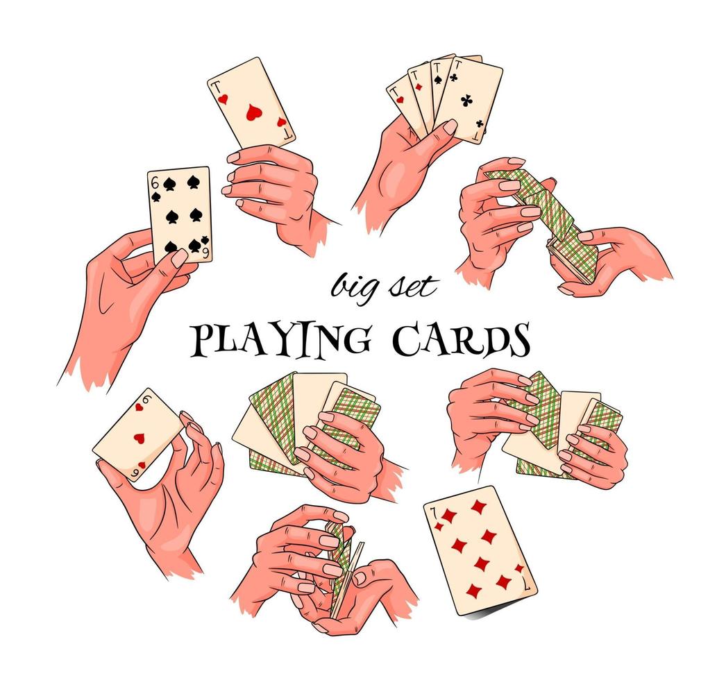 spelande. spelkort i handen. kasino, förmögenhet, tur. stor uppsättning. vektor