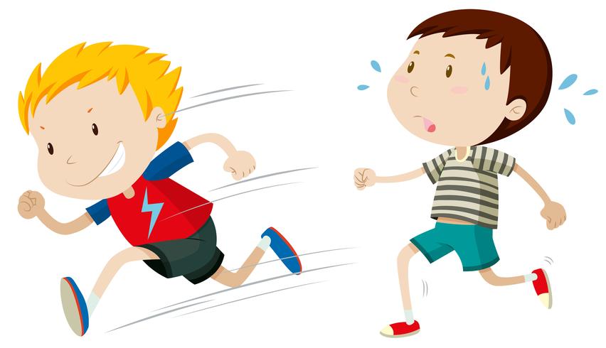 Två pojkar springar snabbt och långsamt vektor