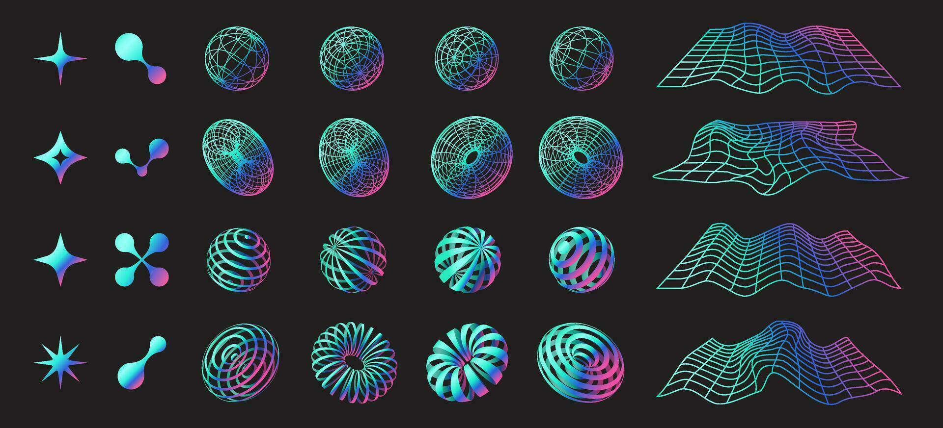 uppsättning av retro abstrakt 3d former och former, färgrik neon geometrisk y2k objekt, vektor illustration.