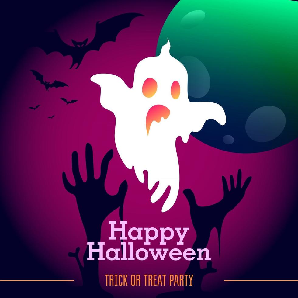 Halloween-Geist mit rosa Neon-Farbverlauf, Mond, Fledermäusen und Zombie-Händen vektor