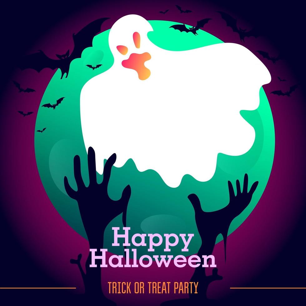 Halloween-Geist mit rosa Neon-Farbverlauf, Mond, Fledermäusen und Zombie-Händen vektor