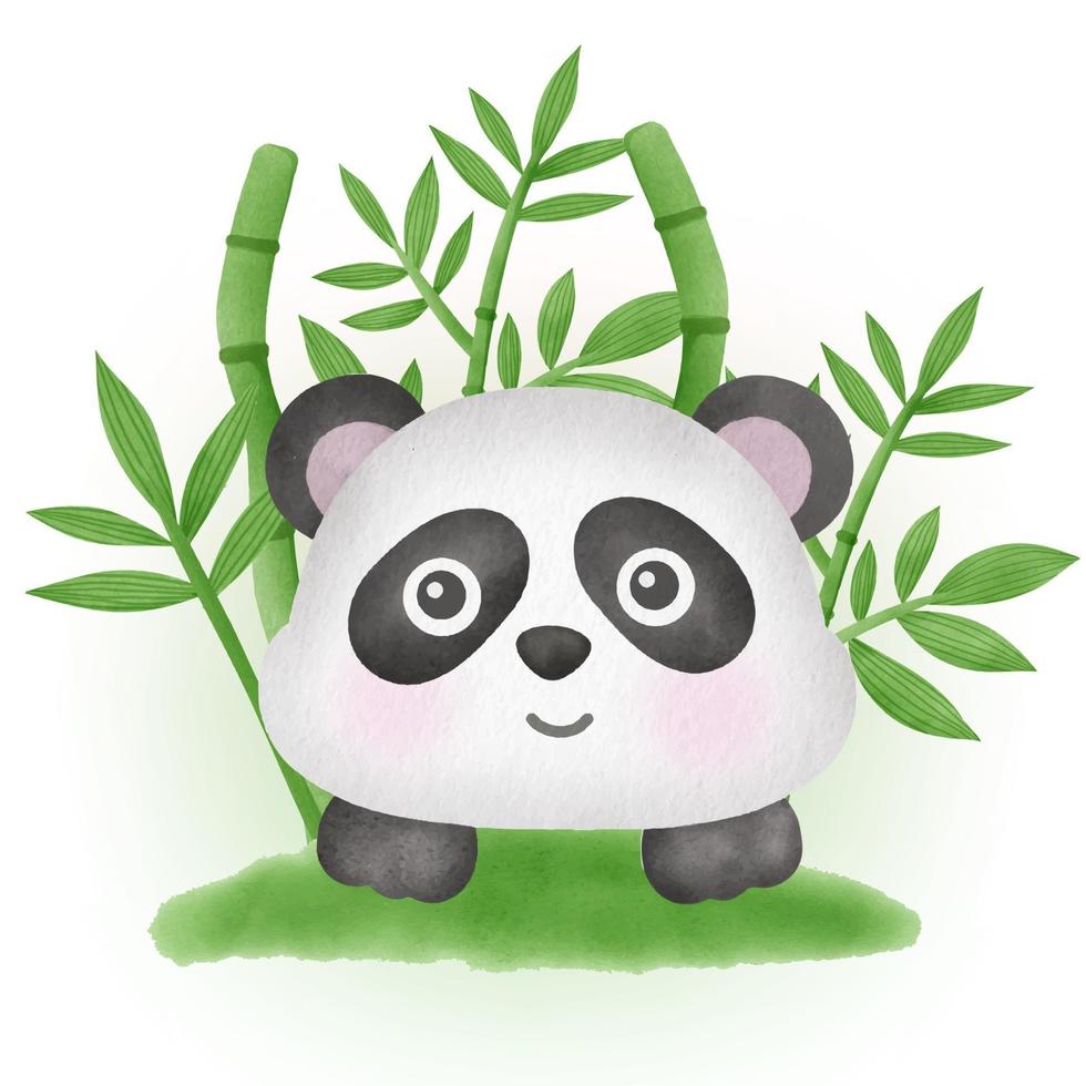 söt panda med bambu i akvarellstil vektor