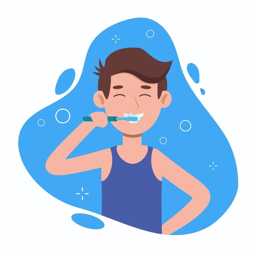 junger Mann Zähneputzen in einem Badezimmer. Mundhygiene, Pflege vektor