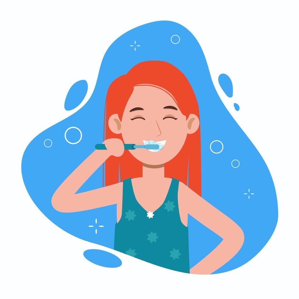 junge Frau beim Zähneputzen im Badezimmer. Mundhygiene, Pflege vektor