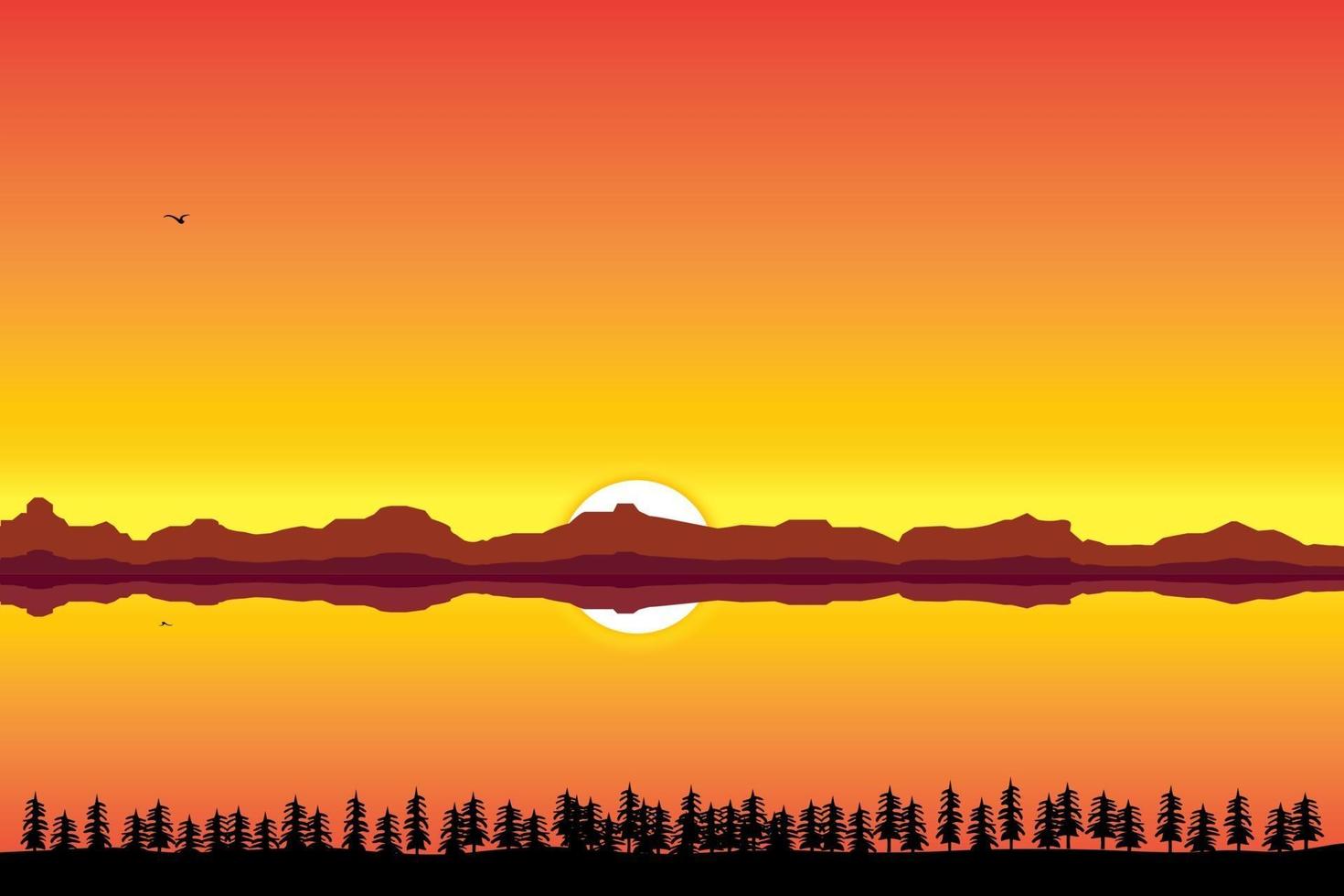 solnedgång på floden och bergen vektor