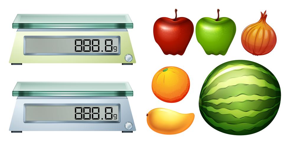 Messskalen und frisches Obst vektor